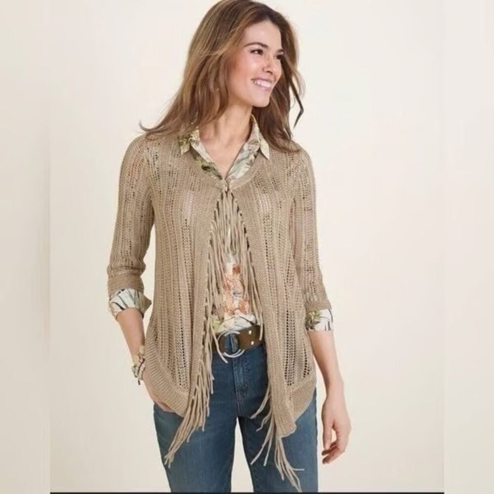 NEW Chico's Beige Fringe Open-Front Cardigan knit sweater size 0 - Picture 1 of 9